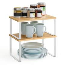 Étagère à Épices, Lot de 2, Organisateur de Placard, Étagère de Rangement de Cuisine Extensible, Porte-épices Empilable, Métal, Bois d'Ingénierie, Blanc Nuage et Beige Naturel