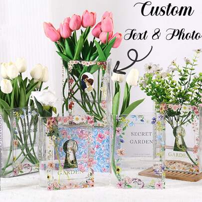 Custom Personalized Acrylic Book Vase For Flowers, Custom Text And Photo, Clear Book Flower Vases For Home/Living Room/Bookshelf/Bedroom/Office Decor Aesthetic, Book Lovers Gifts,Perfect For Women, Friend, Daughter, Sister