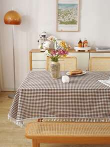 1/24 件日式紧凑型格子桌布，带流苏边，适合家庭、餐桌的长方形桌布 - 白卡色 - 查看 2