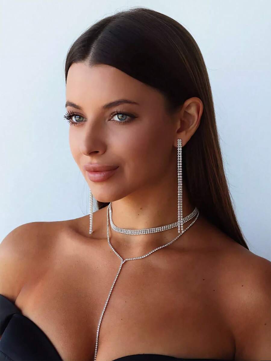 2pcs Women Jewelry Set - Rhinestone Encrusted Y-Shape Long Necklace And Earrings, Elegant For Wedding/Formal Events - 2-piece Set - View 1