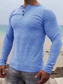Men's Casual Solid Color Henley Neck Long Sleeve Undershirt, Comfortable & Soft, Versatile For All Seasons