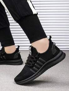 Men's Knit Breathable Athletic Casual Running Shoes, Suitable For All Seasons - Black and White - View 4