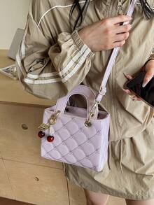 1pc Women Fashion New Cherry Quilted PU Leather Handbag, Simple Chic Square Bag With Elegant Refined Vibe, Suitable For Daily Commute, Dating, Shopping, Versatile Stylish Purse With Cherry Charm As Gift For Valentine's Day - Purple - View 6