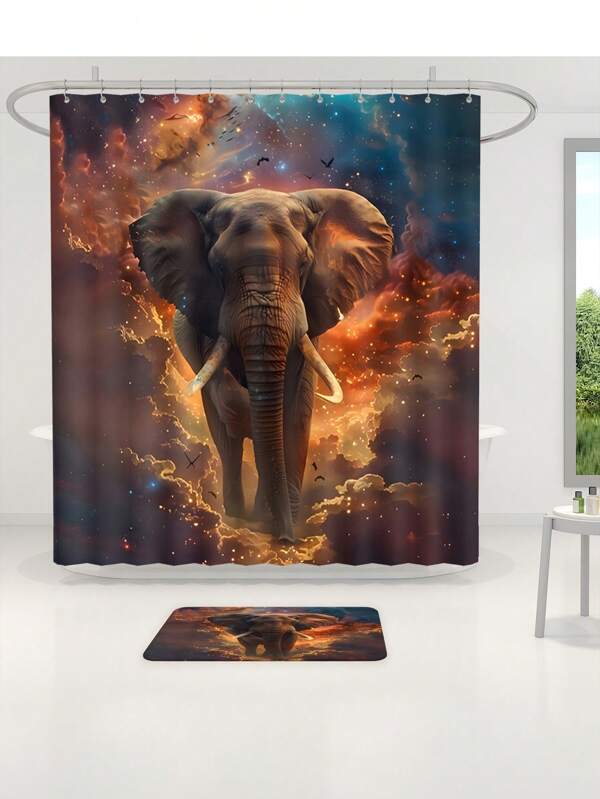 1/4pcs Star Giant Elephant Shower Curtain Set, Decoration Bathroom Set Including High Quality Shower Curtain, Non Slip Floor Mat, Toilet Cover, Bathroom Mat And 12 Plastic Hooks, Bathroom Accessories, Home Decoration Back To School