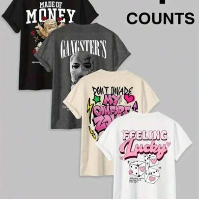 (220 Cotton T-Shirt) 4-Piece Set With Letters' FELLING 'and Portrait Print, Suitable For Casual Cotton Print On Men's Summer Round Neck Short Sleeves