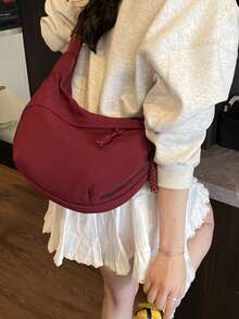 This Fashionable Yellow Nylon Waterproof Shoulder Bag Features A Minimalist And Casual Collegiate Design, With A Wide Strap, Multiple Zipper Openings, Suitable For Students, Shopping, Daily Use, And Also Makes A Great Student Shoulder Bag. - Burgundy - View 3