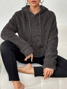 Women's Long Sleeve Tedy Coat With Front Bousa And Thick Hood Imported - 灰色 - 查看 2