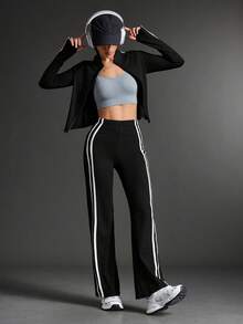2 Pieces Women's Yoga Set: Jacket And Straight Leg Pants, Workout Outfit For Women, Black Striped Yoga & Fitness Tracksuit - Black - View 1