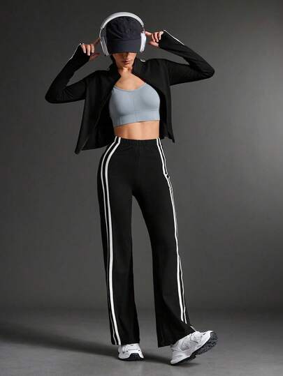 2 Pieces Women's Yoga Set: Jacket And Straight Leg Pants, Workout Outfit For Women, Black Striped Yoga & Fitness Tracksuit