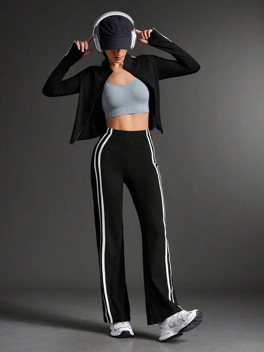2 Pieces Women's Yoga Set: Jacket And Straight Leg Pants, Workout Outfit For Women, Black Striped Yoga & Fitness Tracksuit - Black - View 1