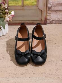 1 Pair Girls Black Bow Ballet Flats, Adjustable Hook&Loop Closure, Round Toe, TPR Non-Slip Sole, Comfortable, Plain Color, Suitable For 5-14 Years Old Girls, Suitable For Home, School, Holiday, Formal Occasions & Performances - Black - View 6