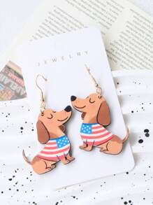 1 par de pendientes con temática de perro salchicha en rojo, blanco y azul con elementos de la bandera americana, pendientes de moda únicos excelentes para regalos de fiestas festivas