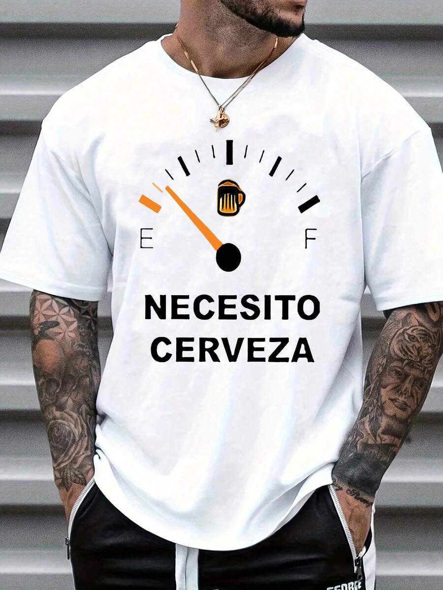 男士时尚啤酒尺寸印花圆领短袖T恤 - 白色 - 查看 1