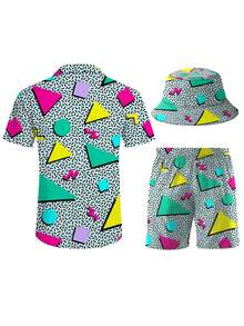 Men's Hawaiian Shirt And Short, Retro 80s 90s Geometric Pattern Summer Vacation 3 Piece Vacation Outfits Sets Casual Button Down Beach Floral Suits With Bucket Hats - 灰色 - 查看 4