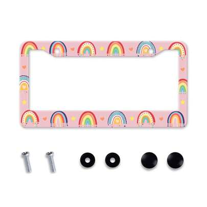 Marco de matrícula de aleación de aluminio con estampado de arcoíris en estilo bohemio y diseño original, grosor reforzado, accesorio de coche adecuado para placas de matrícula estándar de EE. UU. y Canadá, 2 agujeros con tapas de tornillo para mujeres y hombres