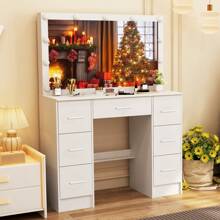 Dressing Table With LED Lighted Mirror Makeup Desk Vanity Set 7 Drawers Dresser - Vanity Table Bedroom Dressing Table Set LED Makeup Mirror Desk