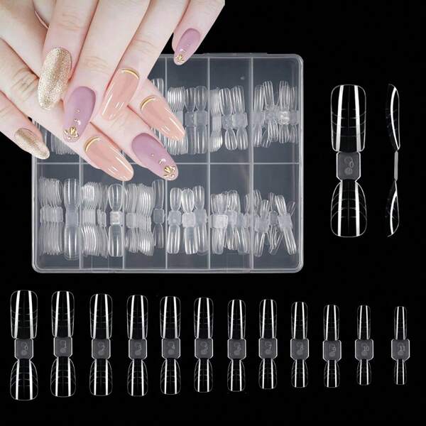 120PCS Clear Oval Dual Nail Forms Kit Full Cover Nail Mold Tips Acrylic Nail Extension Tools 12 Sizes Poly Nail Gel Suitable For Nail Salons And DIY