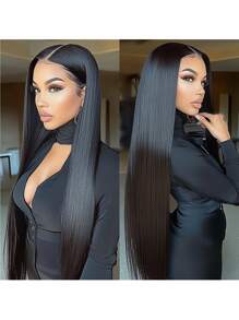 Peruci mixte - Un amestec de păr uman amestecat și peruci sintetice drepte 13x4 cu dantelă frontală Peruci din păr uman amestecat pentru femei pre-smulse cu păr de bebeluș Perucă din păr uman amestecat 13x4 cu dantelă frontală, densitate 180% păr amestecat (Bob 8-16 inci)