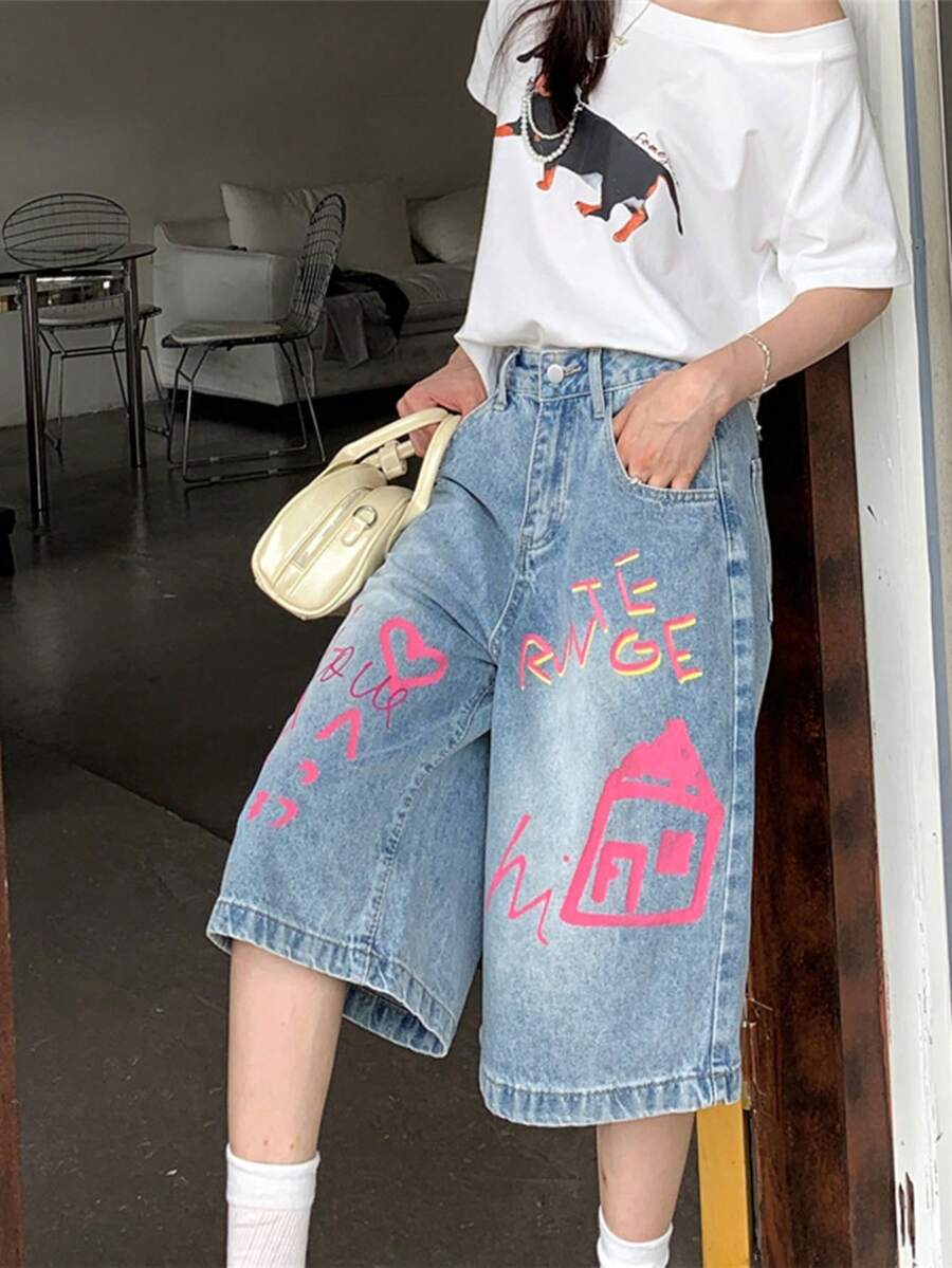 Quần jeans lửng dáng rộng in họa tiết Dopamine dành cho nữ - Màu xanh lam - Xem 1