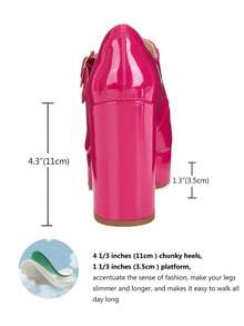 Women's T-Strap Round Toe Platform Heels Chunky Heel Patent Mary Jane Dress Shoes Christmas Gift & New Year Gift - 玫紅色 - 查看 6