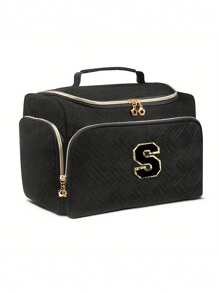 1pc Black Polyester Travel Toiletry Bag With Handle - Alphabet Pattern, Wet/Dry Separation, Machine Washable, Portable Makeup Organizer For Both Men & Women, Ideal Gift For Family & Friends, Daily Cosmetics Storage, Fashionable Makeup Case, Practical Design, Fabric, Must-Have For Frequent Travelers