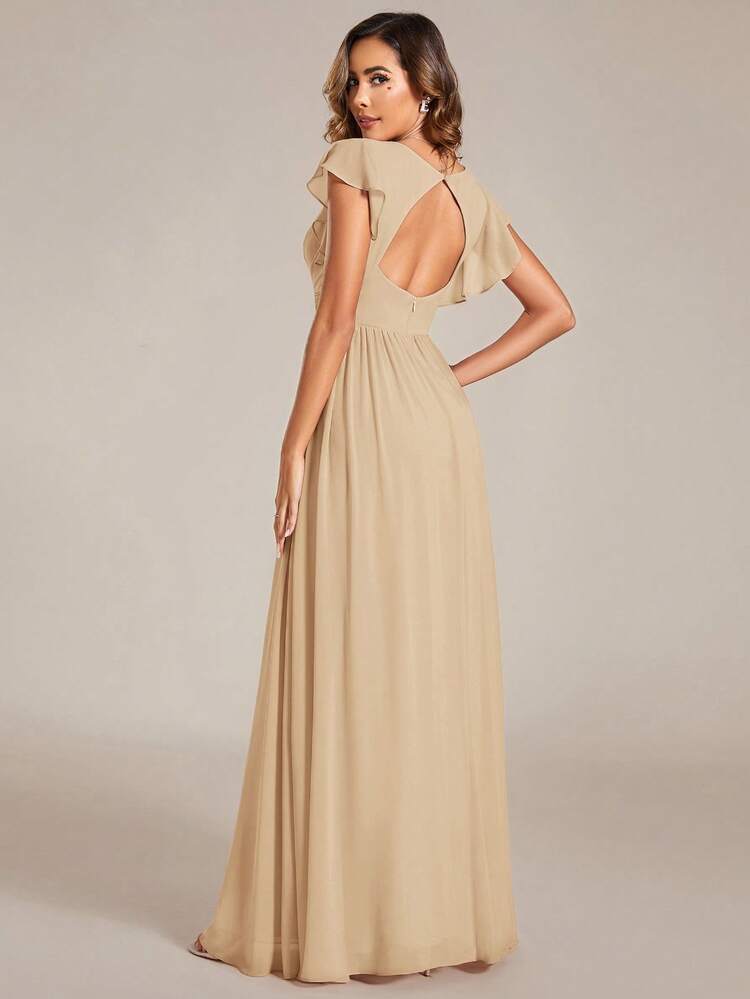 Spring Short Sleeve V-Neck Draped Asymmetric Chiffon Champagne Bridesmaid Dress, Suitable For Weddings Elegant - Champagne - View 4