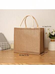 1 件托特礼品购物袋层压防水手提拉链亚麻袋简约时尚礼品袋 DIY 手提袋购物通勤袋午餐盒袋 - 卡其色 - 查看 3