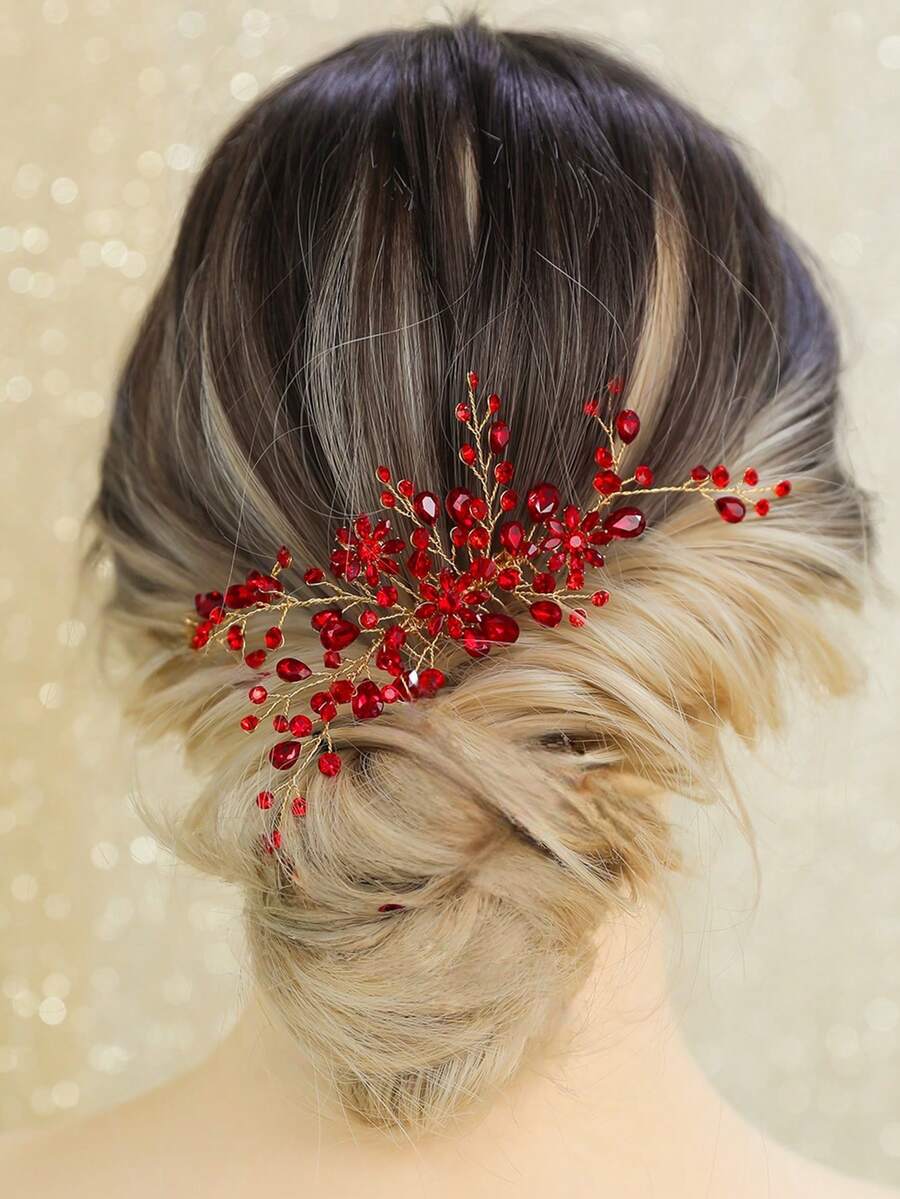 1件水晶水钻装饰新娘头饰，优雅发饰，适用于婚礼、宴会、派对、情人节配饰 - 紅色 - 查看 1