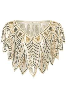 Eleganter 1920er Jahre Vintage Blatt Pailletten Schal - gestickte Spitze, gestreifte sexy kurze Umhänge für Frauen | atmungsaktiv und vielseitig als Abend-Kleid-Accessoire in Champagnerfarbe
