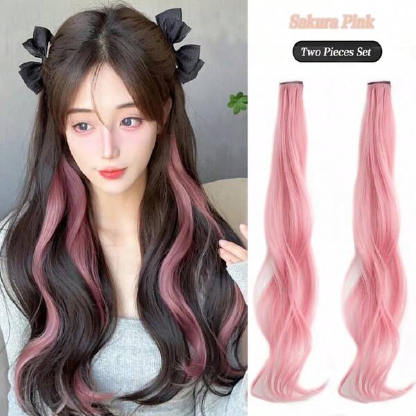 2 pièces/Paquet Extensions de cheveux synthétiques de 20 pouces en une pièce, à vague large, avec clip, teinture bicolore. Mèches volumineuses et décolorées pour cheveux longs pour femmes