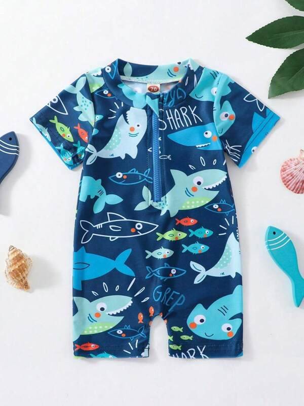 Nuevo traje de baño de una pieza con estampado de tiburón para bebé, ropa de baño de secado rápido de verano para niños, traje de neopreno protector UV