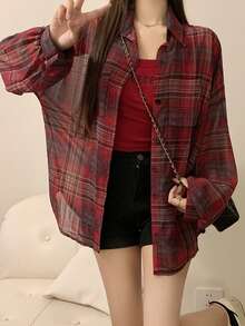女士格纹落肩长袖单排扣休闲宽松衬衫，随机件数