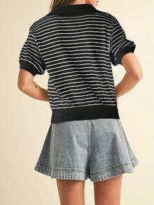 Áo thun polo dệt kim sọc tương phản cài nút phía trước - màu đen - Xem 3