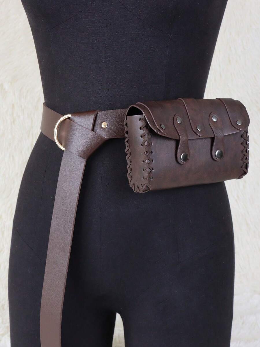 2 件万圣节中世纪复古腰带和 PU 腰包套装男女通用蒸汽朋克手机夹文艺复兴服装配饰维京人角色扮演 LARP - A - 查看 1