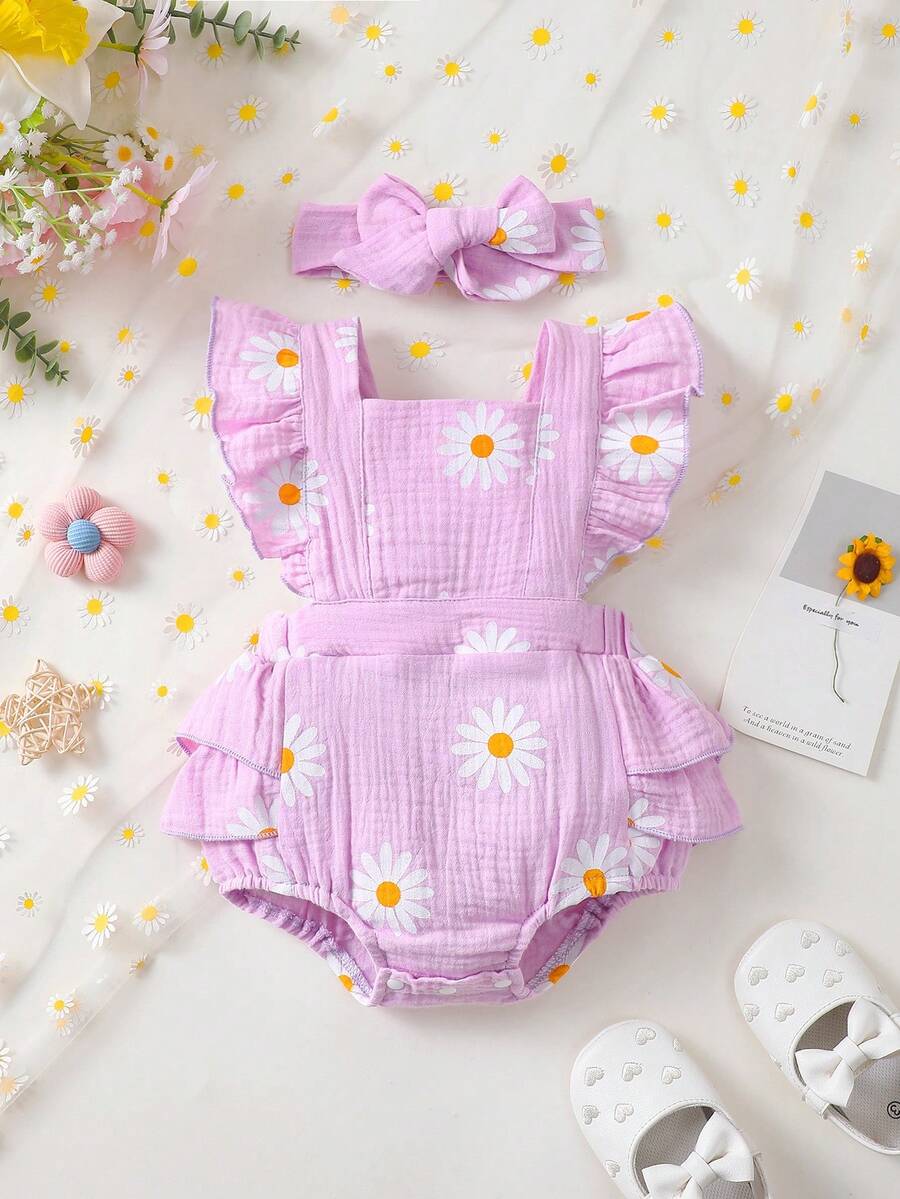 Bộ áo liền quần tay lửng + băng đô hoa cúc dễ thương cho bé gái - Màu tím hoa cà - Xem 1