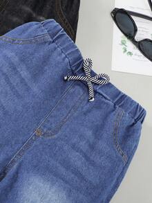 3pcs/Set Kids Light/Mid-Blue Washed Denim Boys Casual Elastic Waist Shorts, Summer Children Streetwear Knee-Length Pants - Black - View 4