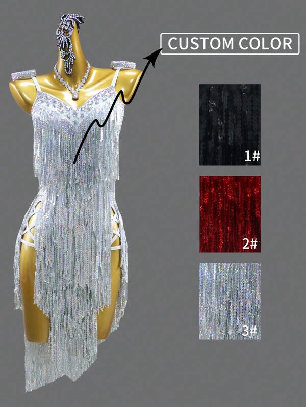 ABC Dancing New Women Latin Dance Dress, Girls Dance Competition Sparkly Stage Performance Costume Fringed Practice Skirt, Customized Plus Size