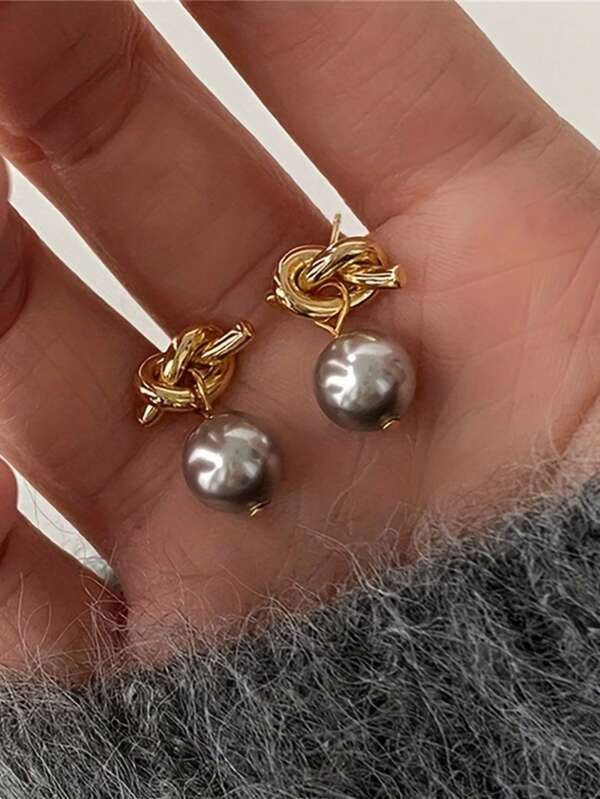 1 Pair Vintage French Style Knotted Gray Faux Pearl Earrings, Brass Material, Fashionable & Versatile Earrings For Women, Suitable For Daily Wear And Formal Events, Great Gift For Mother's Day, Thanksgiving, Graduation