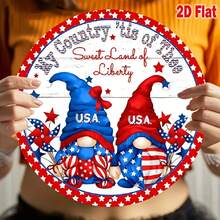 1 件 2D 平面美国爱国人物与花环旗帜设计 8 英寸圆形木牌装饰，带有“我的国家属于你”文字，红白蓝，适合庭院、花园、门廊的室外/室内装饰，乡村木质设计花园装饰 - 随机孔样式