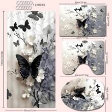 1/4 Stücke Schwarz-Weiß Schmetterling & Blumen Badezimmer Set, beinhaltet Duschvorhang, Badematte, U-förmiger Toilettendeckel, wasserdicht, moderner Stil, maschinenwaschbar, ohne Bohren erforderlich Badezimmer Dekoration, Herbstdekoration, Badezimmer Accessoires, Rückkehr zur Schule