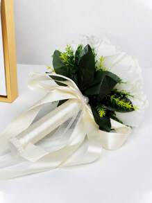 1 Strauß weiße/champagnerfarbene/blaue Hochzeitsbrautblumen, Schleifen-Dekoband mit Perlen Brautstrauß, romantische Blumenanordnung, westlicher Stil künstlicher Blumenstrauß