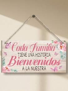 1 pieza / 2 piezas Placa de bienvenida a nuestra casa de España con flores rosas, decoración de habitación rosa, decoración del hogar, decoración de la puerta, fácil de colgar, arte de pared de 8x4 pulgadas