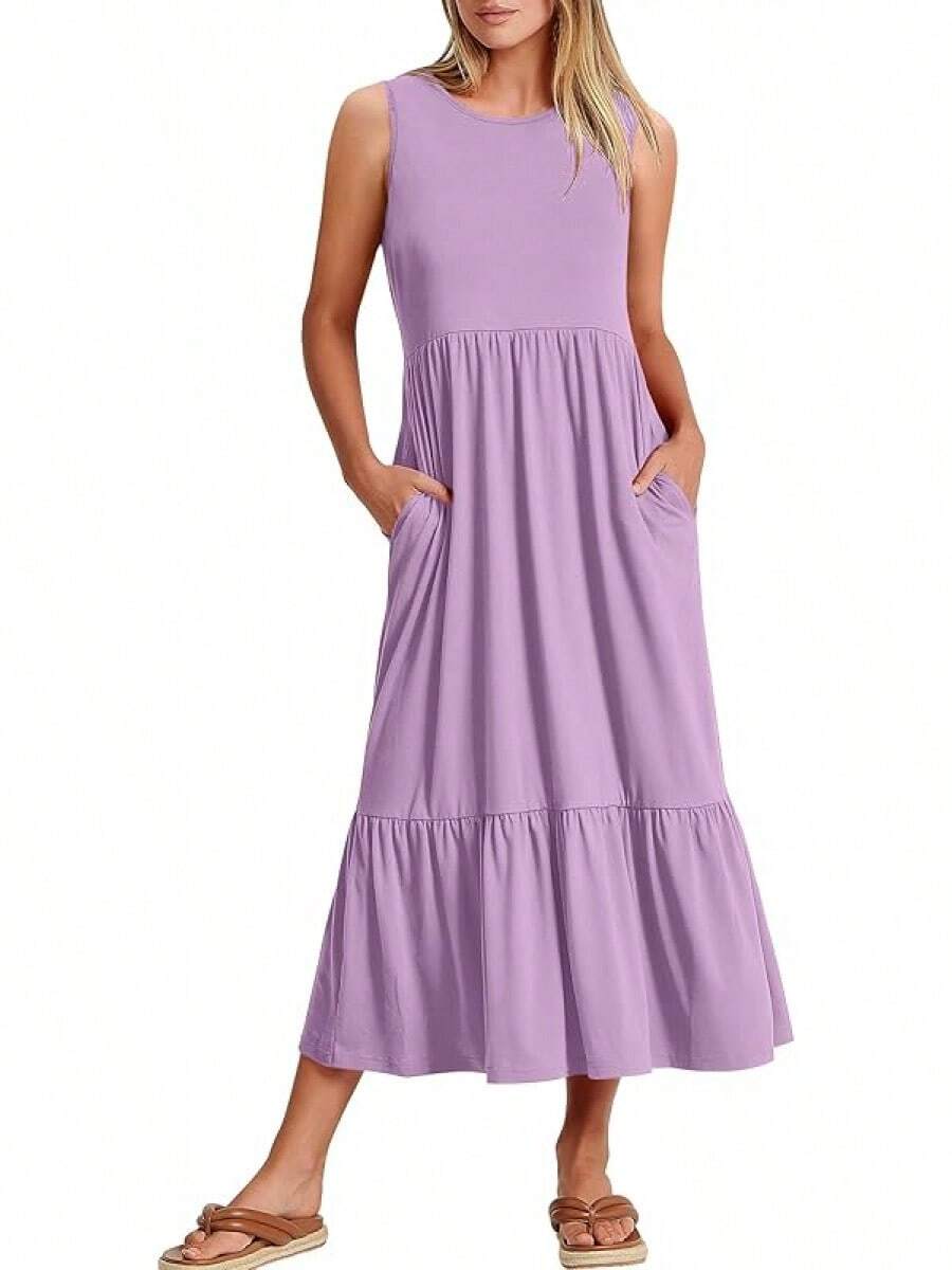 Women Summer Casual Sleeveless Crewneck Sundress Aline Flowy Tiered Maxi Long Beach Dress Vacation Outfits Halloween Christmas New Year