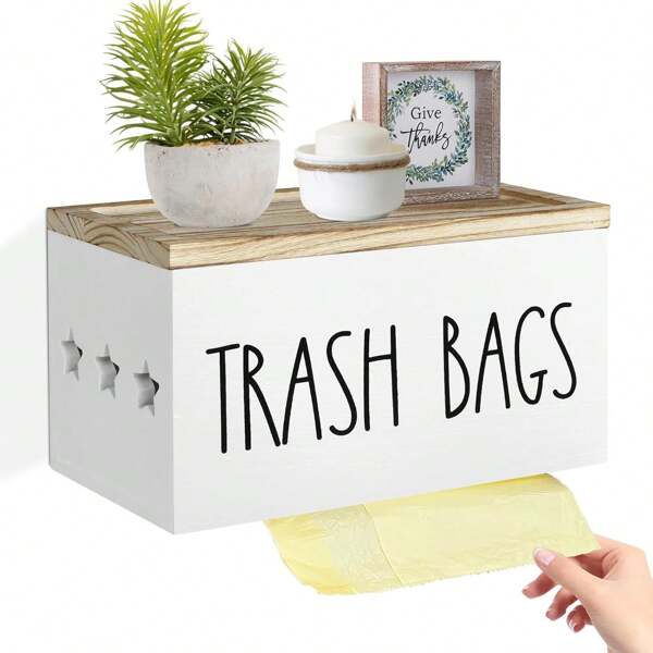 Trash Bag Holder Dispenser Wall Mounted, Wooden Trash Bag Organizer With Lid For Kitchen, Kitchen Trash Roll Holder Can Liner Organizer, Garbage Bag Holder For Cabinet, Countertop