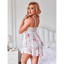 Women Lingerie Lace Babydoll Mesh Nightgown Chemise Boudoir Nighty Sleepwear - 粉紅色花卉 - 查看 2