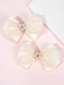 2/4pcs Set Elegant Satin Solid Color Hair Clips, Suitable For Girls; Delicate Pink & White Pearl Mesh Hair Clips, Suitable For Daily And Wedding Party Wear; Sweet Hair Accessories, Must-Have For Girls. - Multicolor - View 2