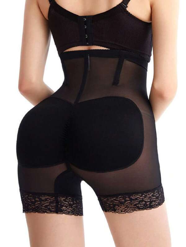 Sexy High Waist Shapewear Shorts With Padded Fake Butt & Breathable Mesh Panel, Slimming For Women