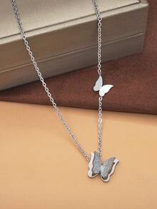 3pcs Women's 18K Gold Plated Stainless Steel Sandblasted Butterfly Necklace And Earrings Set, Ideal For Birthday/Mother's Day/Valentine's Day, Dance Party Jewelry, Bohemian/Holiday/Wedding Season Valentines - Silver - View 7