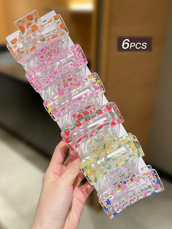 6pcs Women's Colorful Square Hair Clips With Fruit, Flower, Butterfly Printed Elements. Sweet & Cute Style, Large Hair Claws, Summer Holiday Accessories, Women's Hair Accessories. Suitable For Casual Daily Wear And Outings. Summer Accessory Set, Hair Decor, Women's Accessories, Back To School Hair Accessories, Beach Accessories, Halloween Hair Accessories. Fall Winter Claw Clip For Vacation Outfits Woman