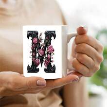 1pc Black Letter Floral A-Z Print Coffee Mug, Pink Floral, Alphabet Floral Coffee Mug For Office And Home, Alphabet Ceramic Coffee Mug, Women'S Birthday Gift, Mom, Best Friend, Bride, Bridesmaid Gift, White Tea Cup, Mother'S Day, Father'S Day Gift 11oz